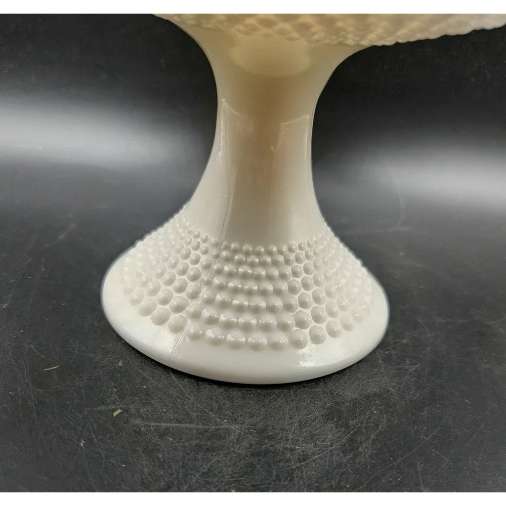 Fenton White‎ Milk Glass Hobnail Pedestal Compote Bowl Crimped Ruffle Edge